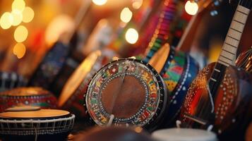Closeup of a variety of unique musical instruments used in different cultures, signaling the importance of music in cultural diversity. photo