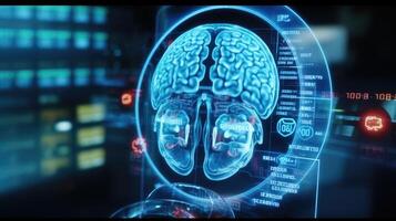 Closeup of a holographic medical display highlighting key areas of a digital brain scan. photo