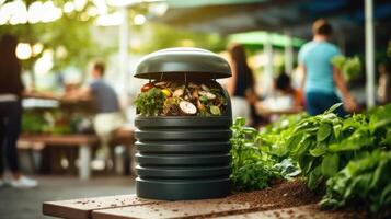 Closeup of a compact and efficient compost bin, promoting sustainable waste management in the city. photo