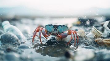Closeup of a crab crawling on a beach littered with plastic debris, a stark contrast between nature and manmade pollution. photo