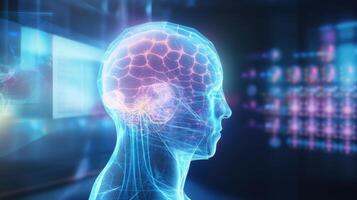Detailed closeup of a holographic medical display displaying a 3D visualization of a patients tumor. photo