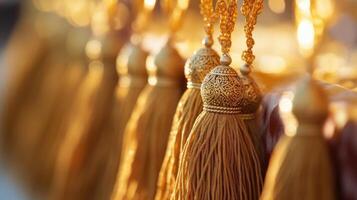 Closeup of ornate gold tassels on a Moroccan caftan. photo
