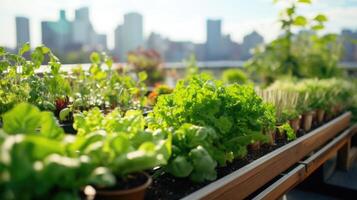 In a closeup shot, a bountiful rooftop garden boasts rows of bright green vegetables and a perfect view of the surrounding cityscape. photo