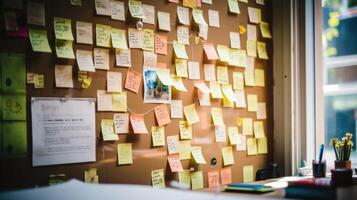 Closeup of a cork noticeboard displaying inspirational quotes and postit notes next to a desk in a tiny house home office. photo