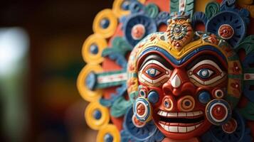Closeup of an intricately designed cultural mask, representing the diverse beliefs and traditions of different cultures. photo