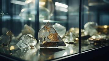 Closeup of a cracked glass display case, holding fragile artifacts from the sites past. photo