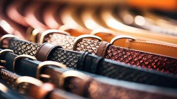 Up close shot of an array of designer belts in different textures and patterns. photo