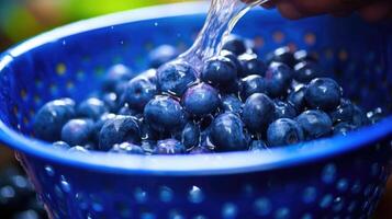 Closeup of a handful of vibrant blueberries being washed in a colander. photo