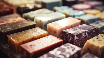Detailed shot of a small business soap makers selection of intricately patterned handmade bars. photo