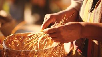 Closeup of hands carefully weaving a traditional basket using natural materials. photo