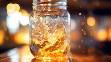 Detail of a glass jar being rinsed out in preparation for recycling. photo