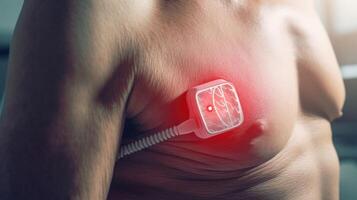 Macro shot of an elderly persons chest with a heart rate monitor s connected to a health monitoring app. photo