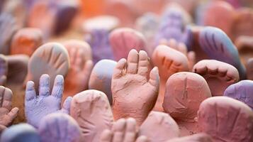 Closeup of a group of childrens handprints molded into clay tiles, to be displayed in a community art exhibit. photo
