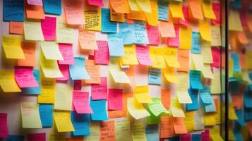 Closeup of a wall covered in colorful postit notes, each one containing a snippet of code or a helpful tip for the youths coding journey. photo