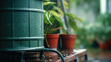 Detailed view of a rainwater harvesting system, collecting and storing water for sustainable use in homes and buildings. photo