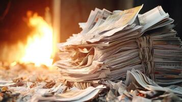 Closeup of a pile of newspaper being compacted for recycling. photo