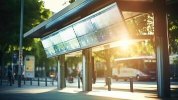 Closeup of a solarpowered bus stop, with panels on its roof providing renewable energy to power the digital display board and lighting. photo