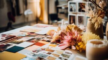 Closeup of a mood board featuring a mix of textures, colors, and patterns, offering a glimpse into a designers creative process. photo