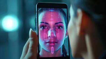 Closeup of a smartphone displaying a of a 3D face scan, being used for a comprehensive skin analysis with the app. photo