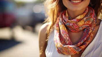 Closeup of a brightly patterned scarf delicately tied around the neck of a fashionforward individual, accessorizing their street style look. photo