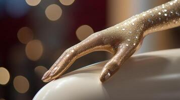 Closeup of a mannequins hand, adorned with an elegant tail ring, showcasing a designers attention to detail. photo