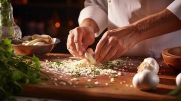 Closeup of a celebrity chefs hands skillfully mincing garlic as they teach a virtual audience how to make their signature sauce. photo