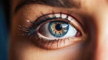 Closeup of a persons eye reflected in a computer screen, while they listen to an online safety lecture. photo