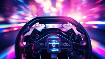 Closeup of a VR racing wheel, with realistic force feedback and responsive pedals for a thrilling driving simulation. photo
