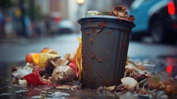 A macro shot of various types of waste overflowing from a garbage can, emphasizing the challenge of waste management and sustainable solutions in densely populated cities. photo