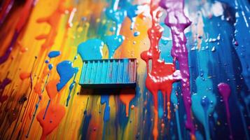 Macro view of colorful acrylic paint being dripped onto a wall, forming a dynamic background for a live mural painting. photo