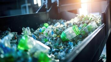 Macro image of plastic bottles being crushed in a recycling machine. photo