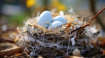 Closeup of a bird nest made entirely out of plastic materials, a startling sight and a result of plastic litter in our environment. photo