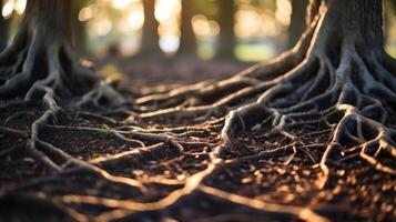 Closeup of a network of roots intertwined in the ground, showcasing the intricate and essential role trees play in maintaining healthy ecosystems. photo