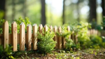 Closeup of a small section of handcrafted wooden fence surrounding a newly planted forest. photo