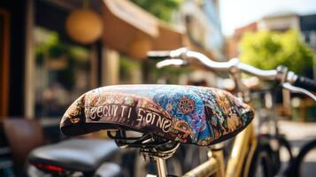 Closeup of a bicycle seat, with a handmade fabric cover displaying a Save the Earth message, parked outside a busy coffee shop. photo