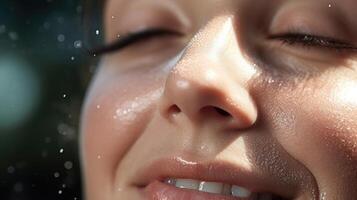 Macro shot of a clean face being sprayed with refreshing acne control mist. photo