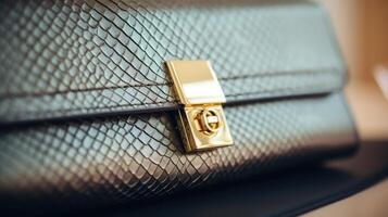 Macro view of a sleek leather clutch, accentuated by a glossy gold clasp and delicate embossed pattern. photo