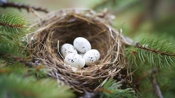Closeup of a birds nest with eggs, representing the vulnerability of wildlife and the need for conservation measures to ensure their survival. photo