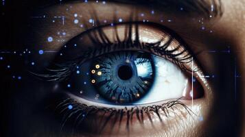 Closeup of a tired and strained eye staring at a screen, exemplifying the strain and exhaustion that comes from spending long hours in front of a computer for distance learning. photo