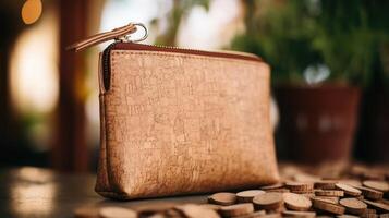 Upclose view of a sustainablysourced cork purse, emphasizing the innovative use of renewable materials in fashion. photo