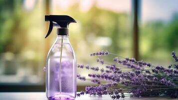 Closeup of a reusable glass spray bottle filled with allpurpose cleaner, featuring a sprig of fresh lavender. photo