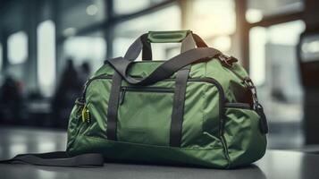 Upclose shot of a lightweight and durable nylon gym bag with plenty of pockets for storing various workout essentials. photo