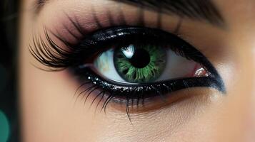 Closeup of a virtual eyeliner pen creating a dramatic cat eye look on a virtual eye. photo