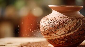 Closeup of a potters wheel covered in speckles of clay and forming a perfectly shaped vase. photo