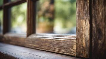 Detailed shot of a window frame made from reclaimed wood, showcasing its weathered and unique appearance. photo