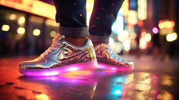 Closeup of a modern pair of metallic sneakers, catching the light from the neon signs of a bustling city street. photo