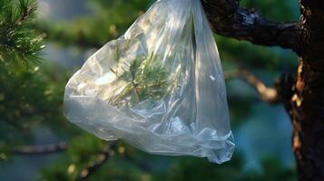 Extreme closeup of a plastic bag caught in the branches of a tree, emphasizing how far plastic pollution can travel. photo