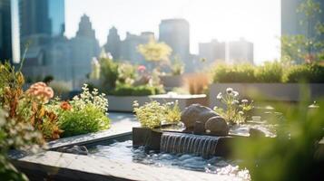 Closeup of a rooftop garden oasis, complete with tranquil water features and a sprawling cityscape as the backdrop. photo