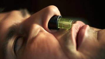 Closeup of a mans hands pressing a jade roller onto his face, stimulating circulation and improving the appearance of dark circles and puffiness. photo
