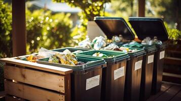 Closeup of a recycling and composting station, with separate bins for different types of waste, promoting sustainable waste management practices. photo